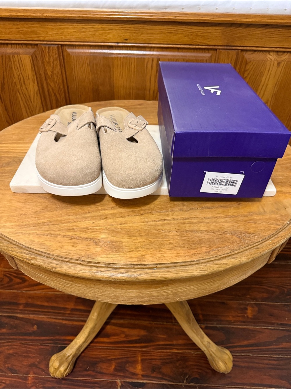 Amazon Beige Suede Slip-On Mule Clogs with Buckle